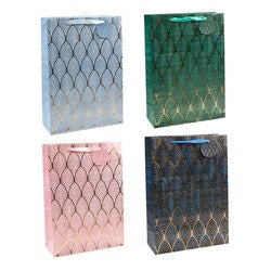 Gold Foil Art Deco Design Gift Bag with Matching Gift Tag 30x42x12cm - Choose from Light Blue, Emerald Green, Pink or Charcoal