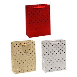 Foil Stars Design Gift Bag with Matching Gift Tag 18x24x8cm - Choose from Red, Gold or Silver