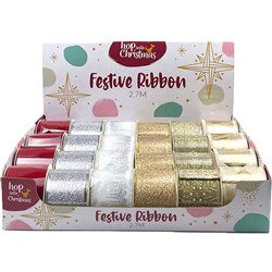 HOP INTO CHRISTMAS Festive Fabric Ribbon 6.5cmx2.7m - Red, Sparkly Silver, Silver Icicles on White, Sparkly Gold, Gold Foil Christmas Tree or Metallic Gold/White Snowflake