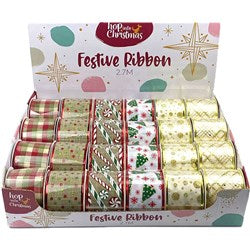 HOP INTO CHRISTMAS Festive Fabric Ribbon 6.5cmx2.7m - Checked, Polka Dots, Candy Canes, Christmas Trees, Gold Spots and Gold Cross Hatch
