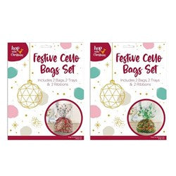 HOP INTO CHRISTMAS Festive Cello Gift Bags 6 Piece Set (includes 2 Cello Bags, 2 Display Trays, 2 Ribbons - Red/White or Green/White