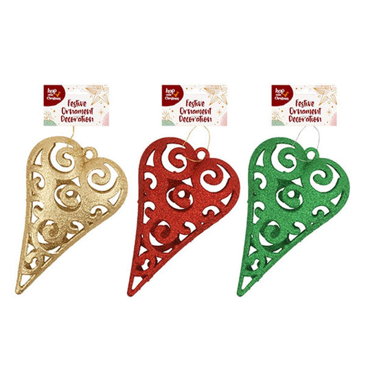HOP INTO CHRISTMAS Sparkling Heart Decoration to Hang 20x13x4cm - Red, Gold or Green