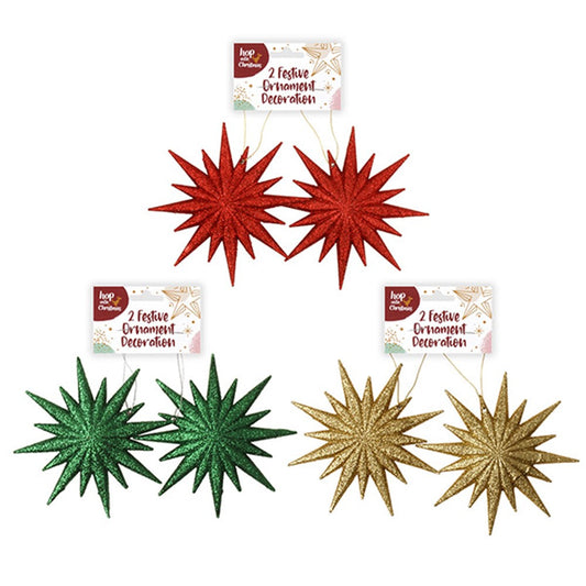 HOP INTO CHRISTMAS Sparkling 16 Point Star Decoration to Hang 12x12x1cm - Gold, Green or Red (2 Pack)