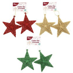 HOP INTO CHRISTMAS Sparkling 5 Point Star Decoration to Hang 11x11x3cm - Red, Gold or Green (2 Pack)