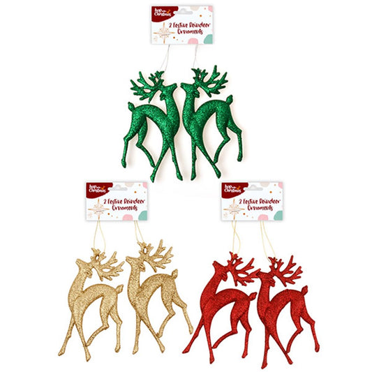 HOP INTO CHRISTMAS Sparkling Prancing Reindeer Decoration to Hang 13x10x1.5cm - Green, Gold or Red (2 Pack)