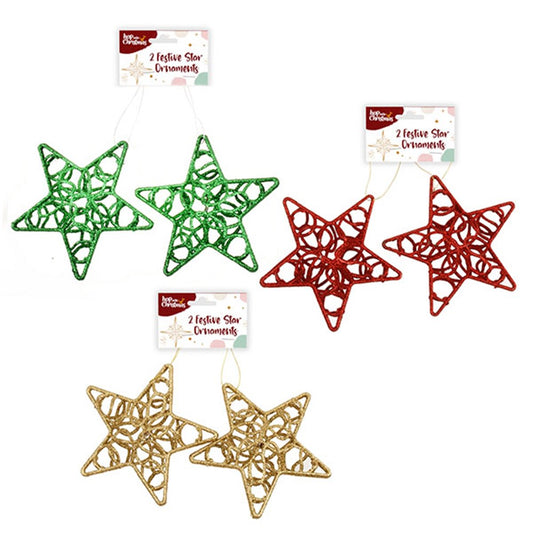 HOP INTO CHRISTMAS Sparkling 5 Point Star Decoration to Hang 13x13x3cm - Gold, Red or Green (2 Pack)