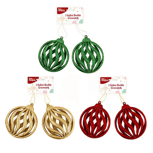 HOP INTO CHRISTMAS Sparkling Baubles Decoration to Hang 11x10x2cm - Green, Gold or Red (2 Pack)