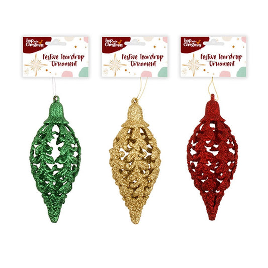 HOP INTO CHRISTMAS Sparkling Teardrop Decoration to Hang 16x6x6cm - Red, Gold or Green