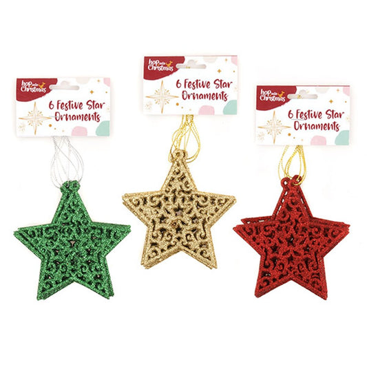 HOP INTO CHRISTMAS Sparkling 5 Point Star Decoration to Hang 11x11x0.3cm - Red, Gold or Green (6 Pack)