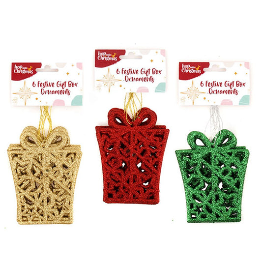 Christmas Ornate Sparkly Gift Box Hanging Decoration 6 Pack 3 Colours Festive Red Green Gold