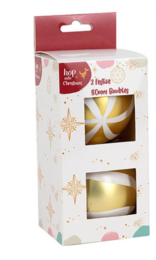HOP INTO CHRISTMAS White Striped Metallic Gold Bauble Decoration to Hang 15x7.7x7.5cm (2 Pack)