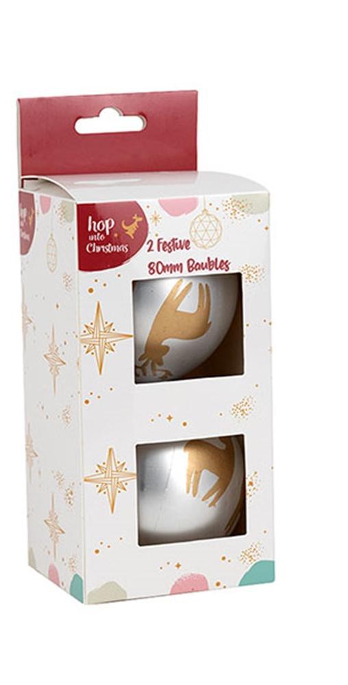 HOP INTO CHRISTMAS Metallic Gold Reindeer on Silver Bauble Decoration to Hang 15x7.7x7.5cm (2 Pack)