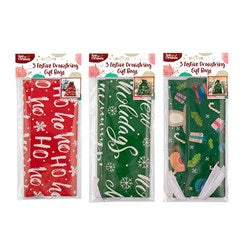 HOP INTO CHRISTMAS 3 Festive Drawstring Gift Bags Pack – White Ho Ho Ho on Red, White Happy Holidays on Green or Christmas Designs on Green 24x31.8cm