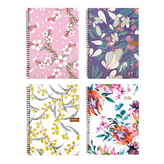 Australian Flora and Fauna Collection A4 Spiral Notebook 120 Pages - Yellow Wattle, Red Banksia, White Geranium or Orange Protea