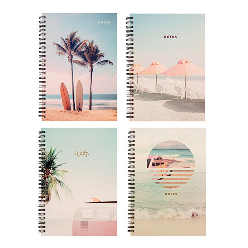 Summer Beach Vibes Collection A5 Spiral Notebook 120 Pages - Choose from Surfboards, Pink Umbrellas, Pink Van or Pink Car