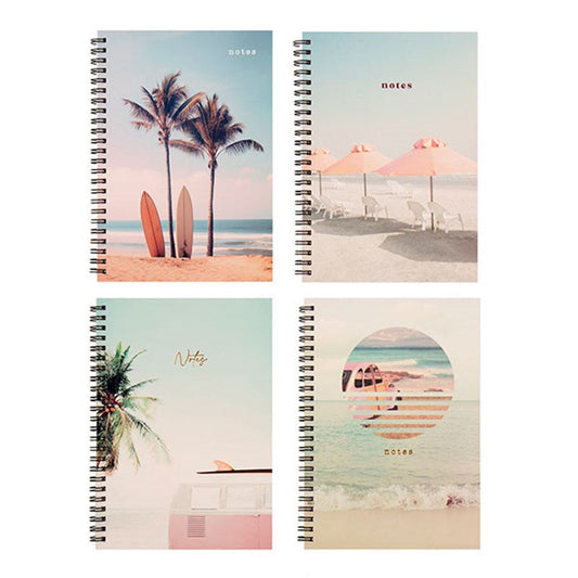 Summer Beach Vibes Collection A5 Spiral Notebook 120 Pages - Choose from Surfboards, Pink Umbrellas, Pink Van or Pink Car