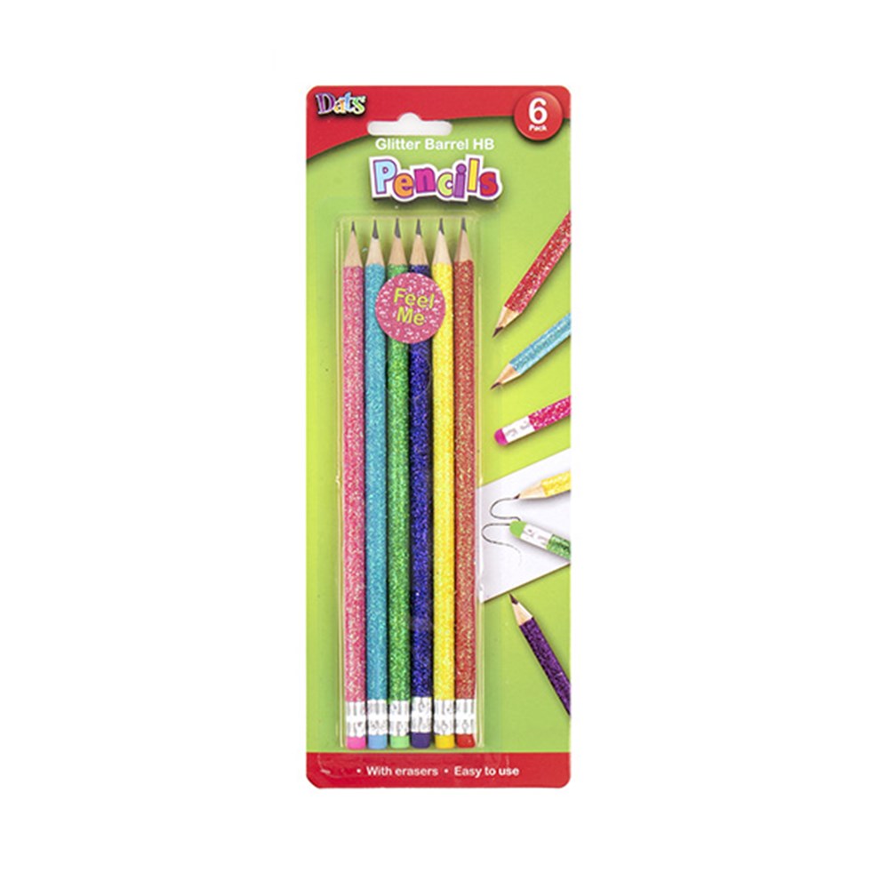 HB Glitter Barrel Pencils with Eraser Tops – Assorted Colours 6 Pack