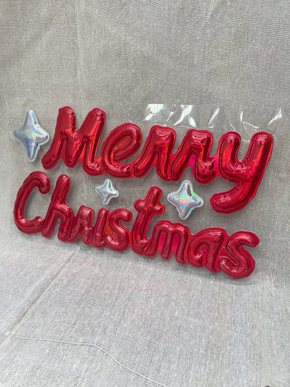 HOP INTO CHRISTMAS 3D Holographic Festive Window Sticker - Merry Christmas (Metallic Red) Lettering and Stars (Silver Metallic)