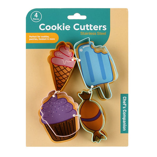 CHEF'S COMPANION Stainless Steel Cookie Cutter 4 Piece Set - Includes Wrapped Sweet, Ice Cream Cone, Popsicle Stick, Cup Cake