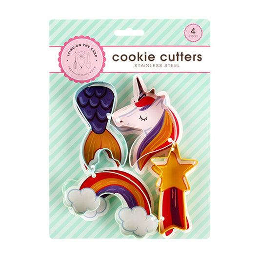 ICING ON THE CAKE 4 Piece Stainless Steel Fairytale Cookie Cutter Set - Includes Mermaid Tail, Unicorn, Rainbow, and Shooting Star
