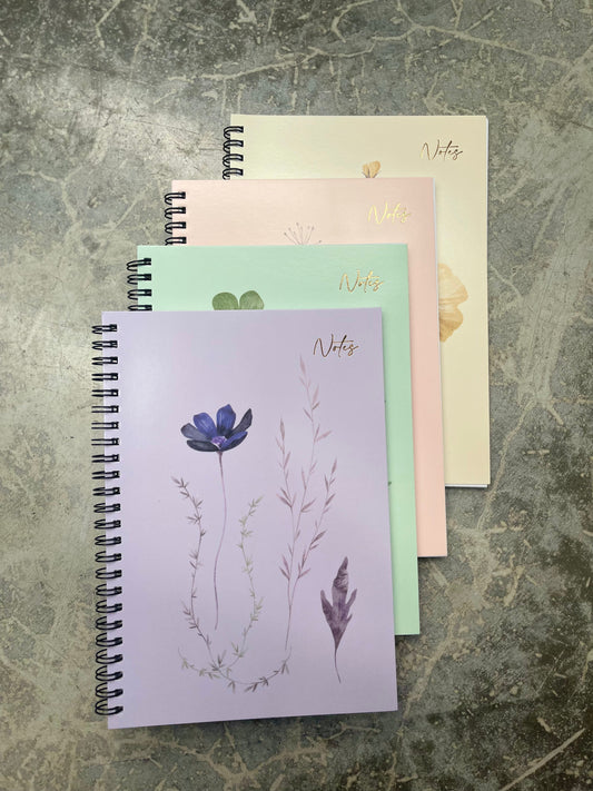 Floral Collection Print Card Cover A5 Spiral Notebook 120 Pages - Choose from Green, Yellow, Purple or Pink