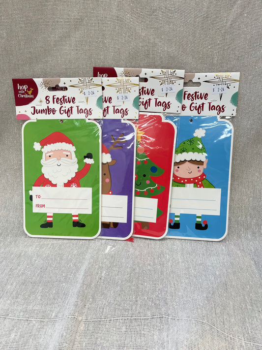 HOP ITNO CHRISTMAS 8 Festive Jumbo Gift Tags with Satin Ribbon Pack – Santa, Elf, Reindeer or Christmas Tree