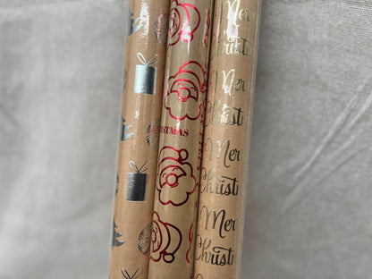 CHRISTMAS SPIRIT Festive Foil Print Christmas Kraft Paper Gift Wrapping Roll 80gsm 5Mx70cm - 3 Designs