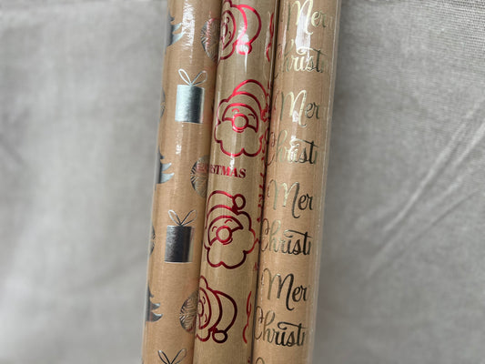 CHRISTMAS SPIRIT Festive Foil Print Christmas Kraft Paper Gift Wrapping Roll 80gsm 5Mx70cm - 3 Designs