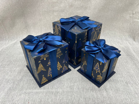 Christmas Gift Boxes Navy Blue with Gold Foil Tree Print and Navy Blue Satin Ribbon and Bow - 3 Size Set 12x12cm, 9.5x9.5cm and 7x7cm