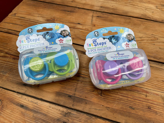 1ST STEPS Orthodontic Silicone Teat 2 Piece Pacifier with Travel Steriliser Box 3-6 Months - Choose from Blue/Green or Pink/Purple