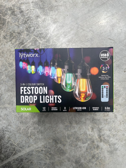 LYTWORX 12 Festoon Drop Lights 3 in 1 Colour Switch Solar/USB with Remote