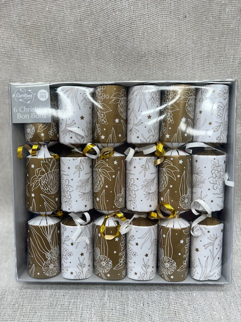 CHRISTMAS SPIRIT 6 Christmas Bon Bons with White Australian Designs and Surprise Inside 22x4cm - Red/Green or Gold/White
