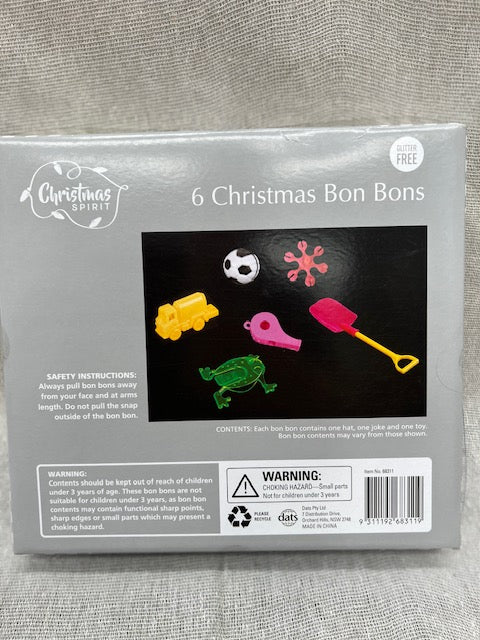 CHRISTMAS SPIRIT 6 Christmas Bon Bons with White Australian Designs and Surprise Inside 22x4cm - Red/Green or Gold/White