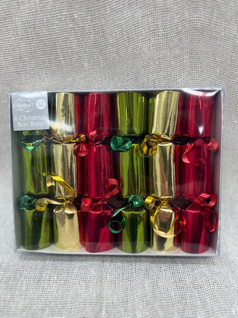 CHRISTMAS SPIRIT 6 Christmas Metallic Red Green and Gold Foil Bon Bons with Surprise Inside 14x3cm