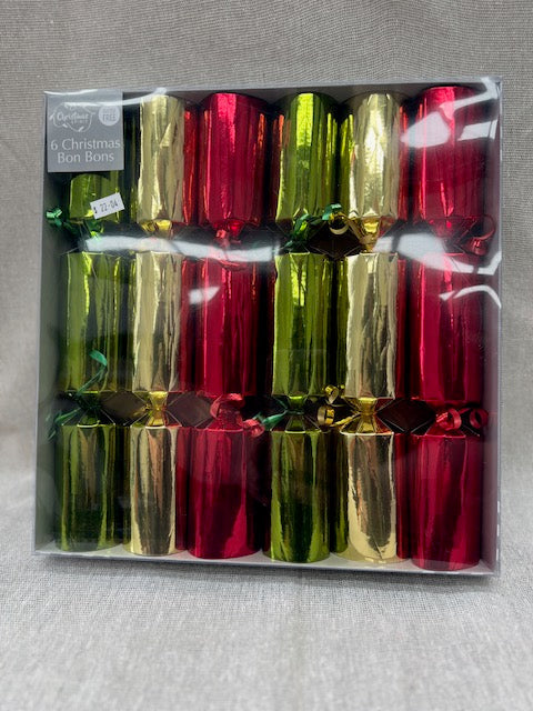 CHRISTMAS SPIRIT 6 Christmas Metallic Red Green and Gold Foil Bon Bons with Surprise Inside 31x5cm