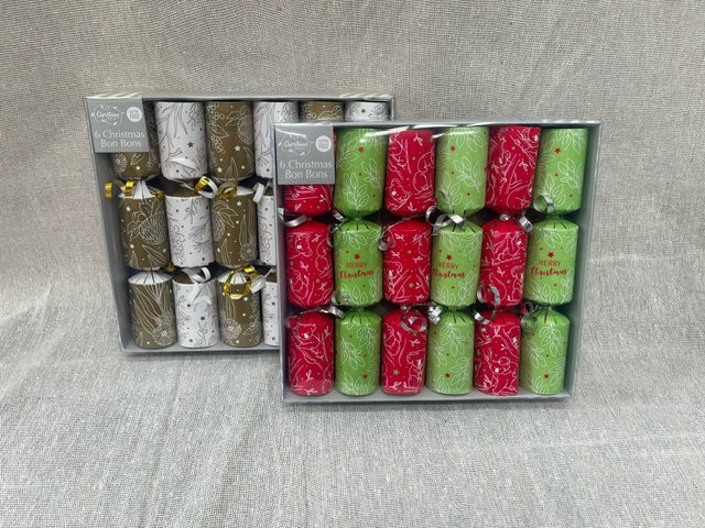 CHRISTMAS SPIRIT 6 Christmas Bon Bons with White Australian Designs and Surprise Inside 22x4cm - Red/Green or Gold/White