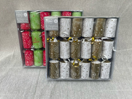 CHRISTMAS SPIRIT 6 Christmas Bon Bons with White Australian Designs and Surprise Inside 22x4cm - Red/Green or Gold/White