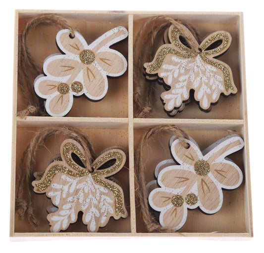 Christmas Wood Flower Hanging Decoration Gift Box Clover Glitter Bow Leaves Glitter