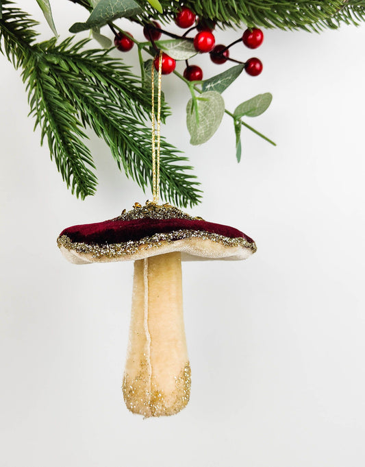 FESTIVE WOODLAND TOADSTOOL Gold Glitter and Beaded Merlot and Cream Velvet Decoration to Hang 10cm