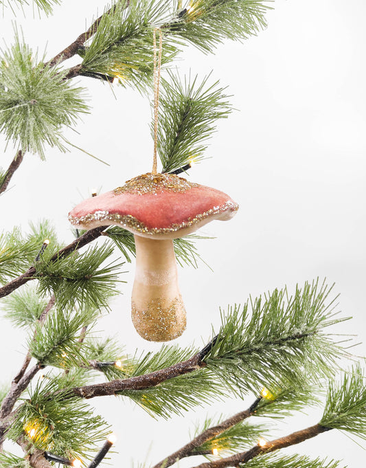 FESTIVE WOODLAND TOADSTOOL Glitter and Beaded Blush Pink and Cream Velvet Decoration to Hang 11cm