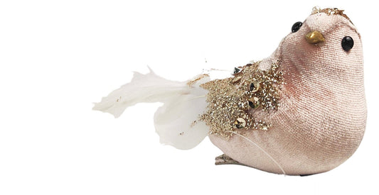 FESTIVE BIRD Gold Glitter Beaded Pink and White Feathered Bird Clip Decoration 20cm