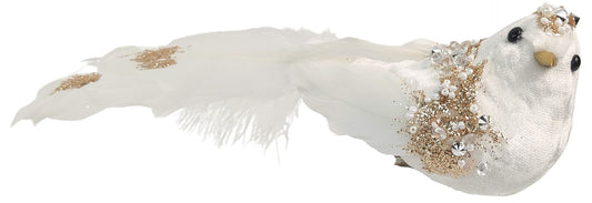 FESTIVE BIRD Gold Glitter Beaded Cream and White Feathered Bird Clip Decoration 20cm