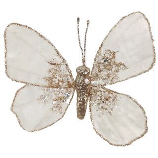 FESTIVE BUTTERFLY Cream with Gold Glitter and Beading Clip  Decoration 13cm