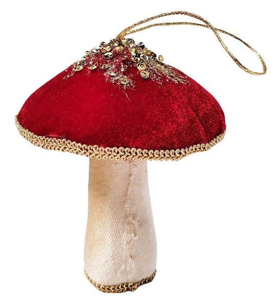 FESTIVE WOODLAND TOADSTOOL Sparkling Red and Cream Velvet Hanging Decoration 12cm