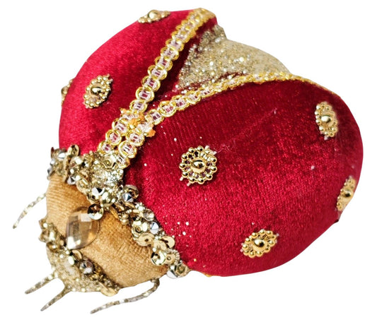 FESTIVE BEETLE Gold Glitter, Beading and Trim on Red Velvet Hanging Decoration 12cm