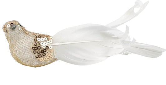 FESTIVE BIRD White Feathers with Gold Clip Decoration 16cm
