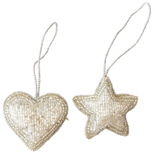 BEADED Ivory Heart or Star Festive Decoration to Hang 5cm