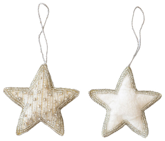 BEADED Ivory Velvet Star Festive Decoration to Hang 10cm - Beaded Centre or Beaded Edges