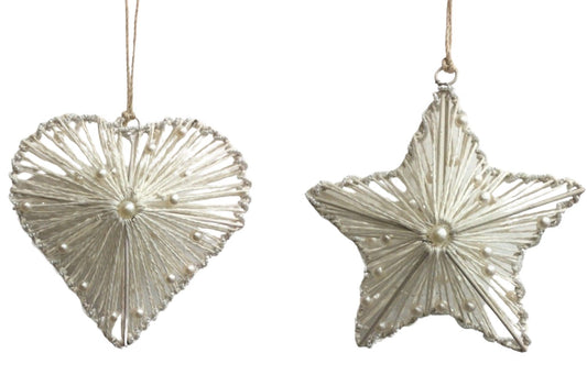BEADED Ivory Heart or Star Festive Decoration to Hang 15cm